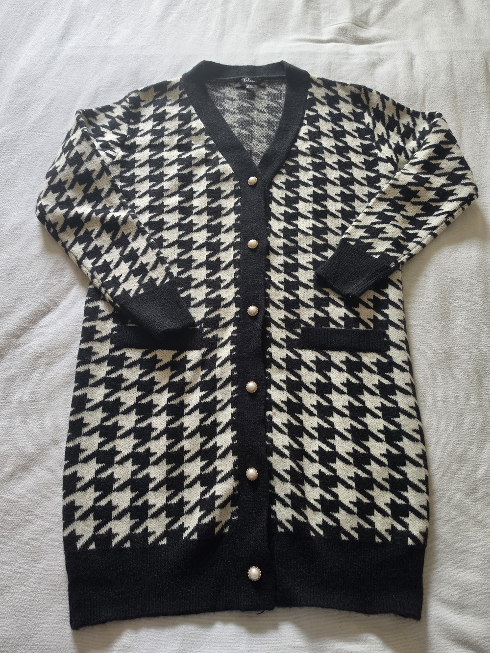 Houndstooth Long Cardigan Sweater Dress - Black & Cream
